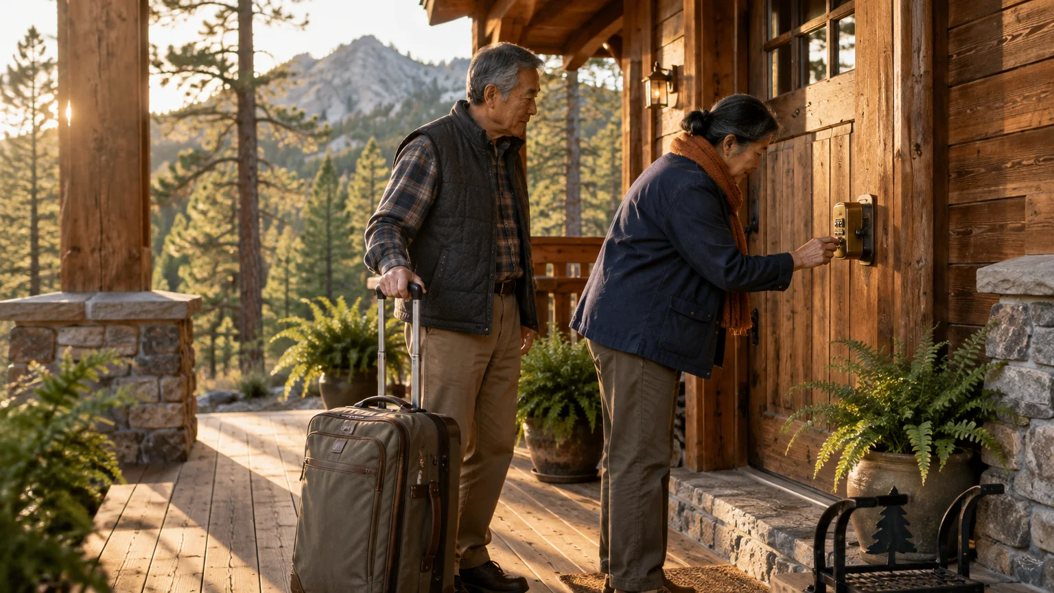 An older Asian couple with luggage unlocks the front door of a wooden cabin overlooking mountains.