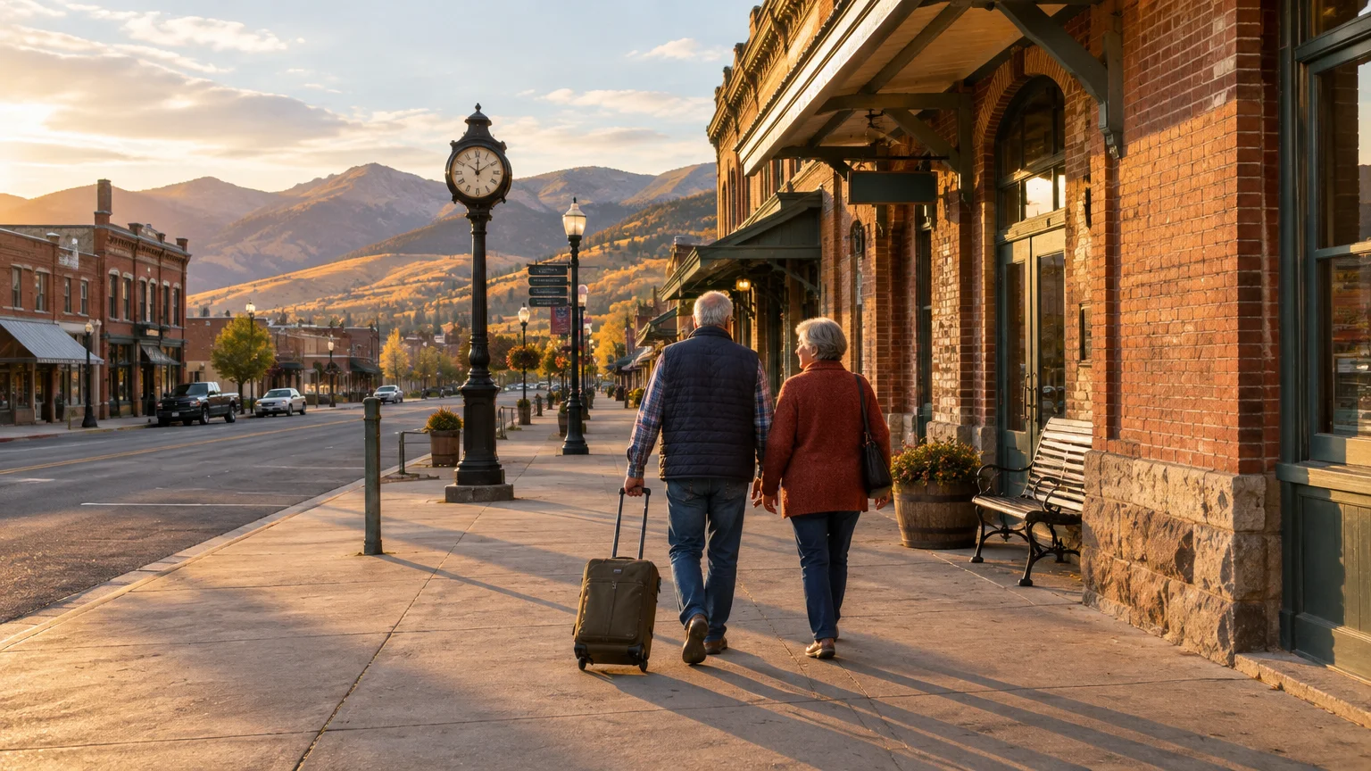 A couple pulls rolling luggage along a sunlit sidewalk beside brick storefronts in a mountain town during golden hour.