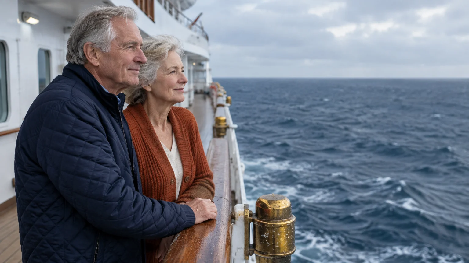 An older couple leaning against a wooden railing on a ship deck and looking out at the open ocean.