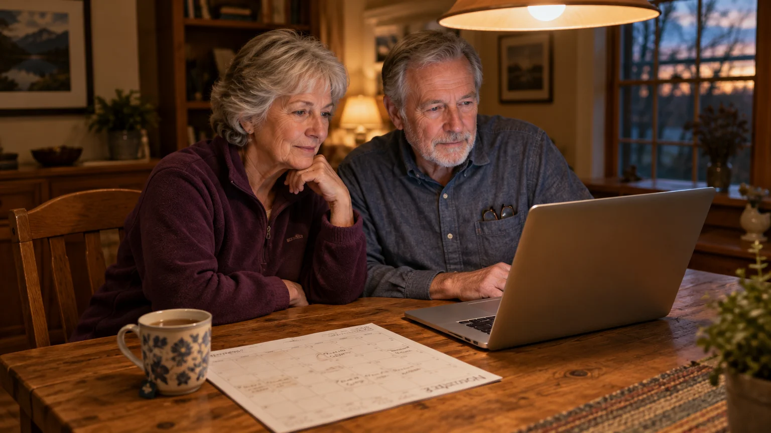 An older couple sits at a wooden dining table looking at an open laptop beside a calendar sheet and a mug.