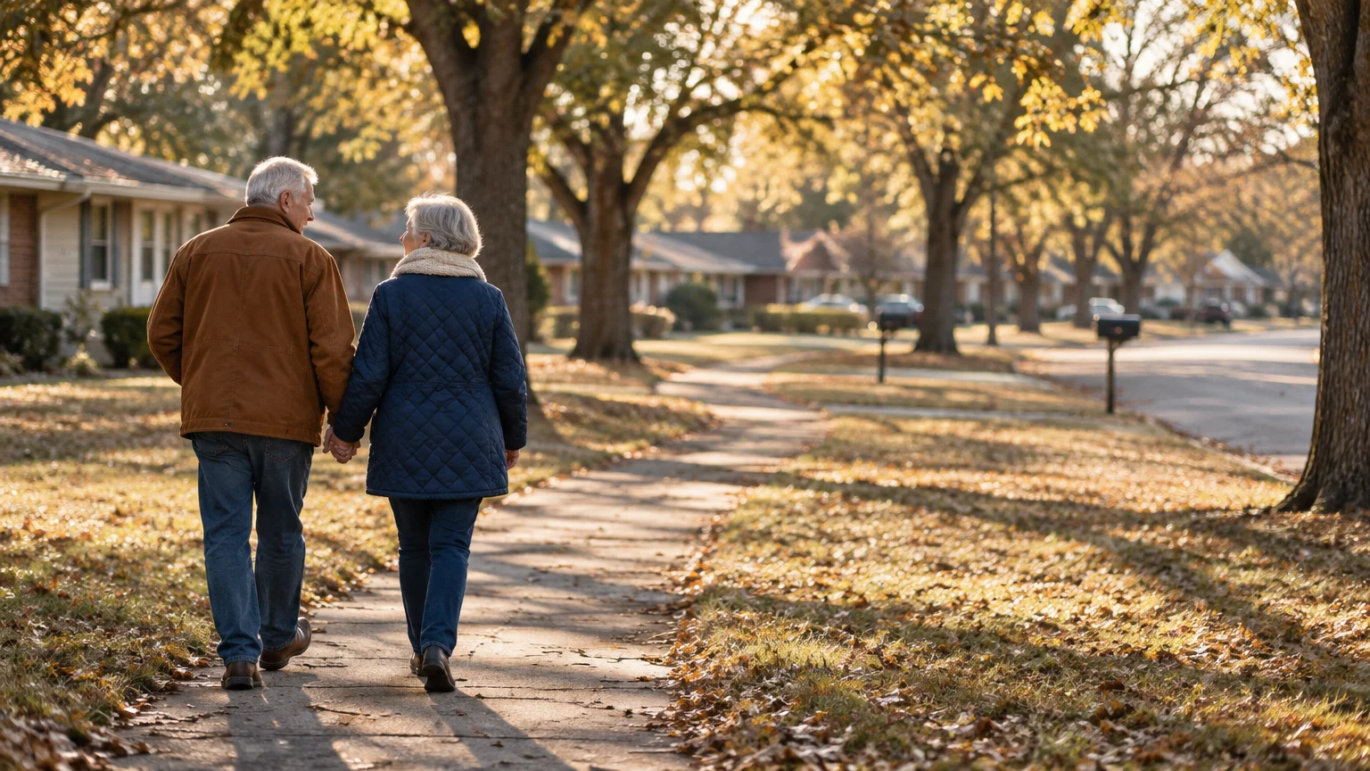 Senior couple holding hands while walking away down a suburban sidewalk lined with autumn trees and houses.