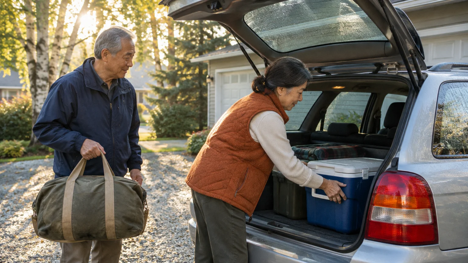 An older couple packs a cooler and duffel bag into the open trunk of a silver station wagon in a driveway.