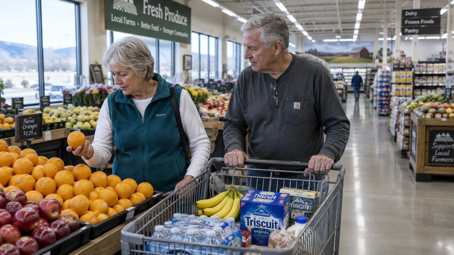 Older couple with a shopping cart choosing oranges in the produce section of a grocery store.