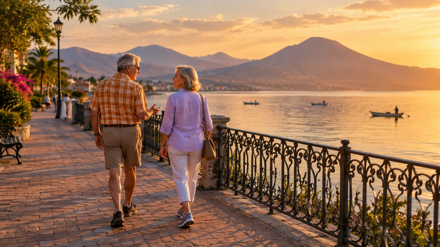 An older couple walks along a lakeside promenade beside an iron railing at sunset with mountains across the water.