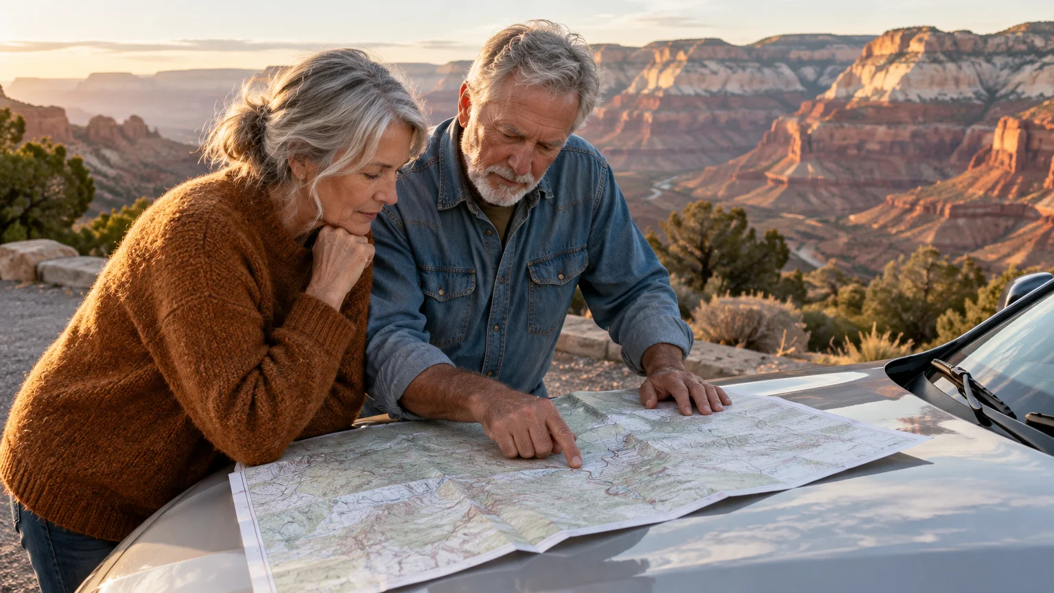 Older man and woman examining a paper map spread across a car hood overlooking a scenic canyon overlook.