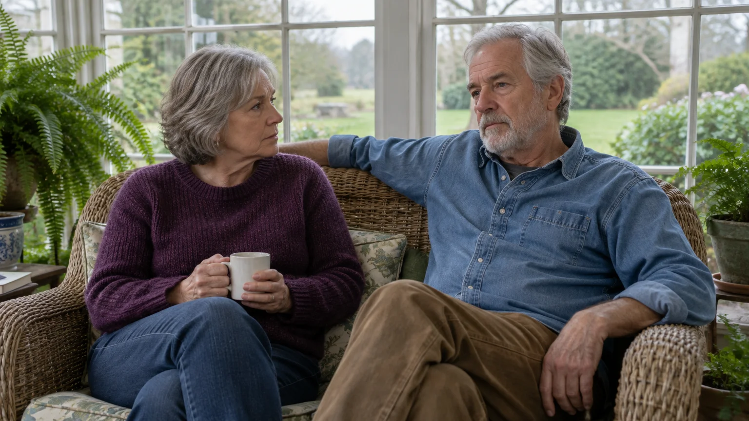 Senior couple sitting together on a wicker sofa in a sunroom with large windows, looking serious.