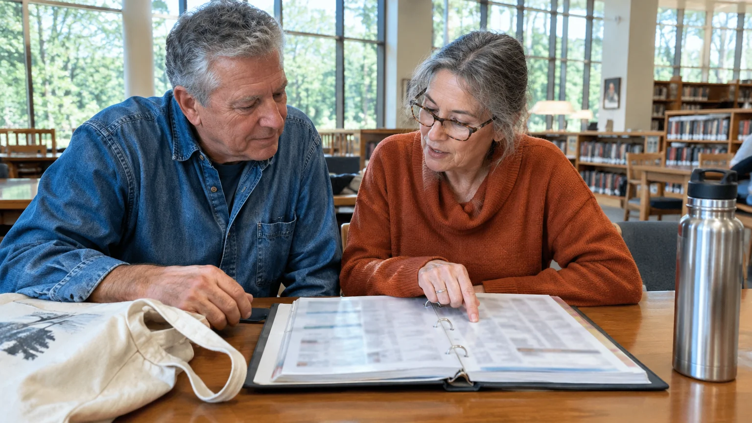 An older man and woman seated at a wooden table in a library examine an open binder together.