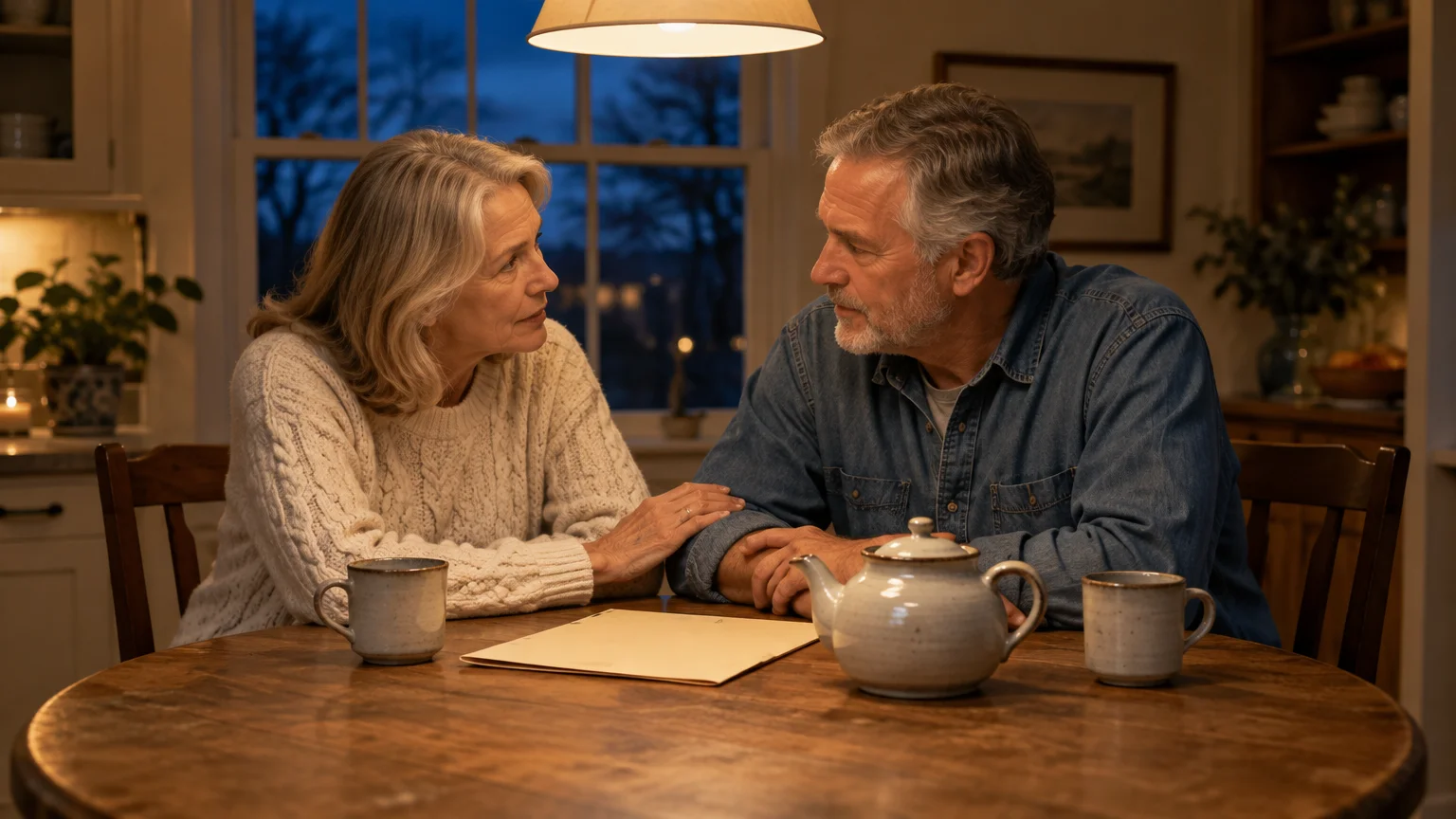 An older couple sitting at a wooden dining table talking, with mugs, a teapot, and paperwork between them.