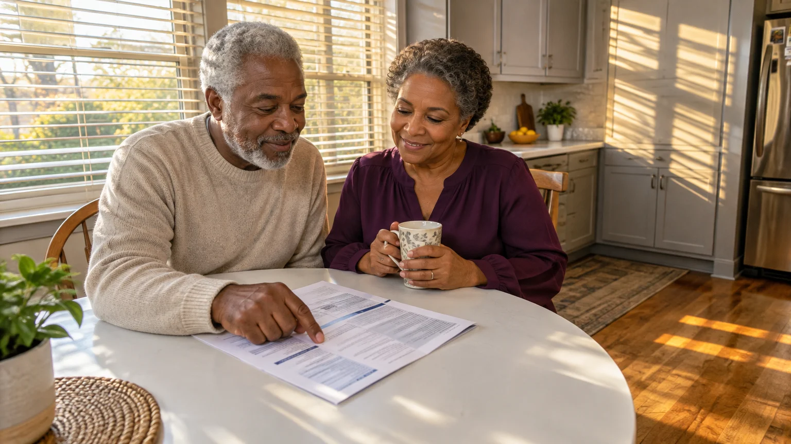 An older couple sits at a kitchen table looking over paperwork while the woman holds a coffee mug.
