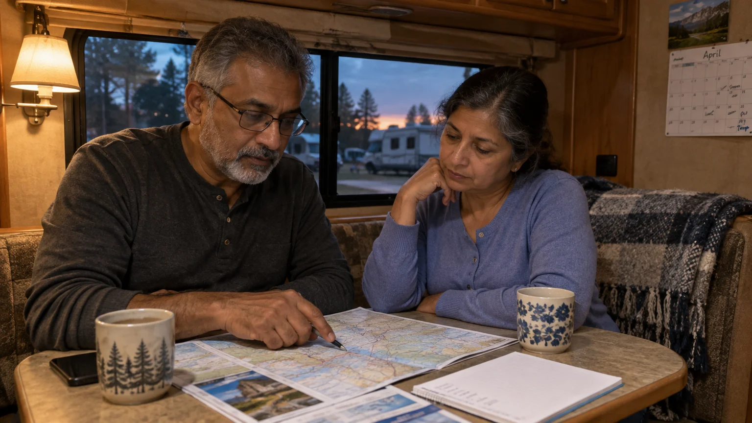 A man and woman sit inside an RV dinette, studying an open road map across the table beside coffee mugs and a notebook.