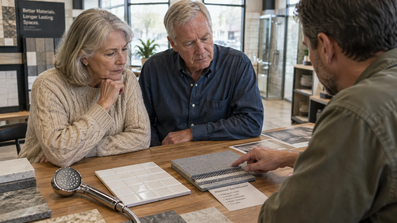 Older couple seated at a showroom table listening to a contractor pointing at waterproof backerboard and tile samples.
