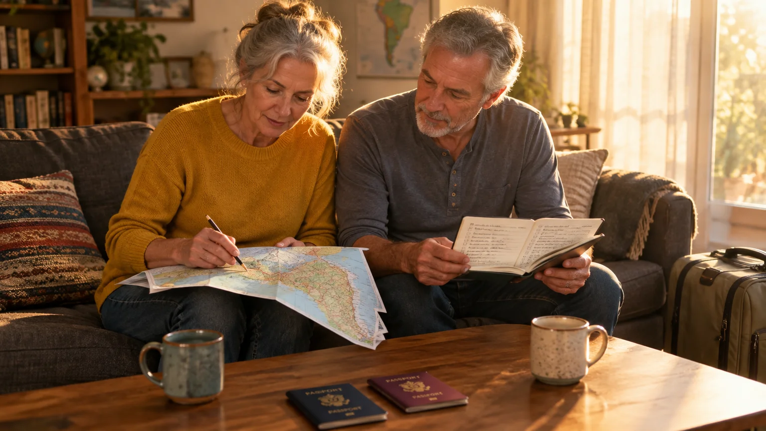 Mature couple sitting on a couch examining a map and notebook, with passports and mugs on the coffee table.