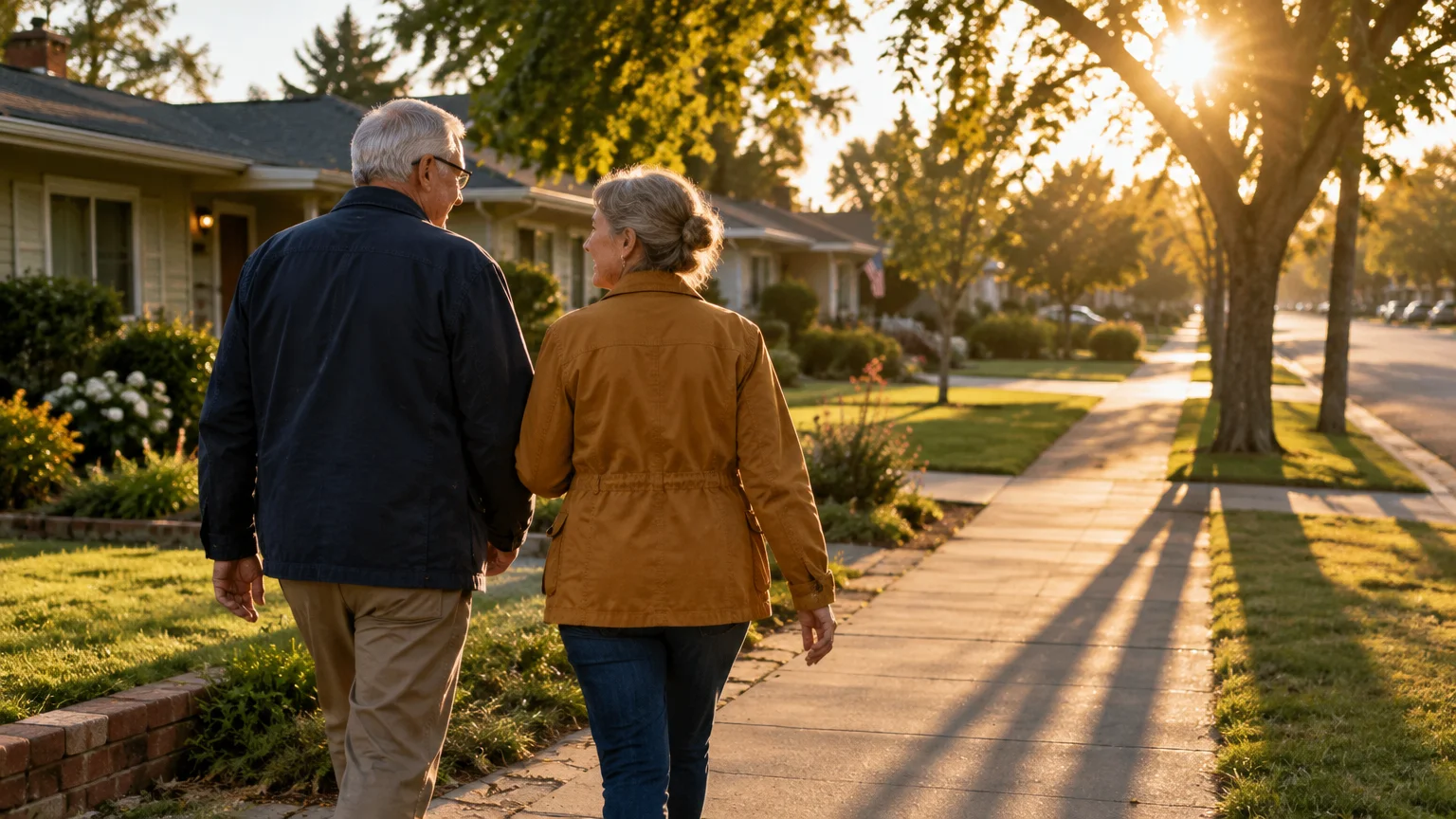 Senior couple walking down a sunlit suburban sidewalk past houses and trees at sunset.