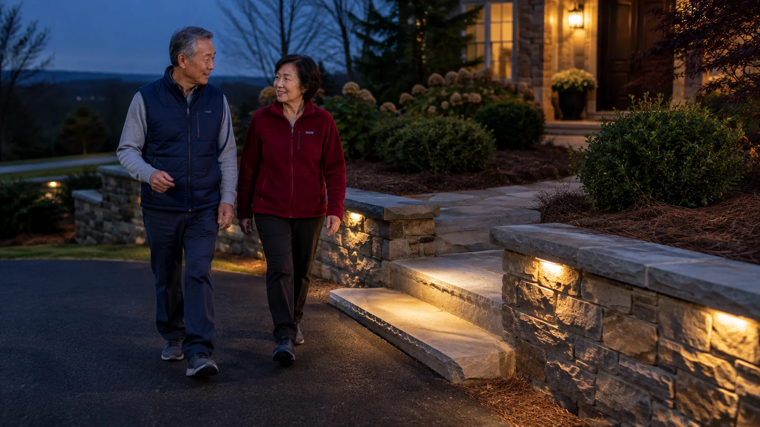 Older couple walking on a driveway past illuminated stone retaining walls and steps leading toward a house at dusk.