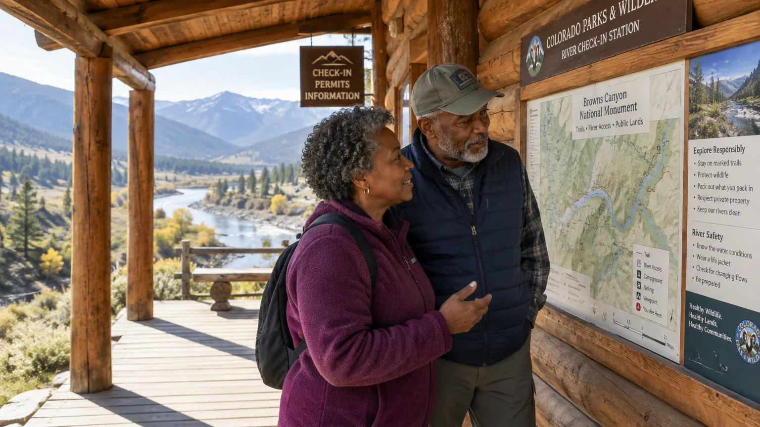Older couple reviewing a trail map and park regulations board outside a log cabin river check-in station overlooking a valley.