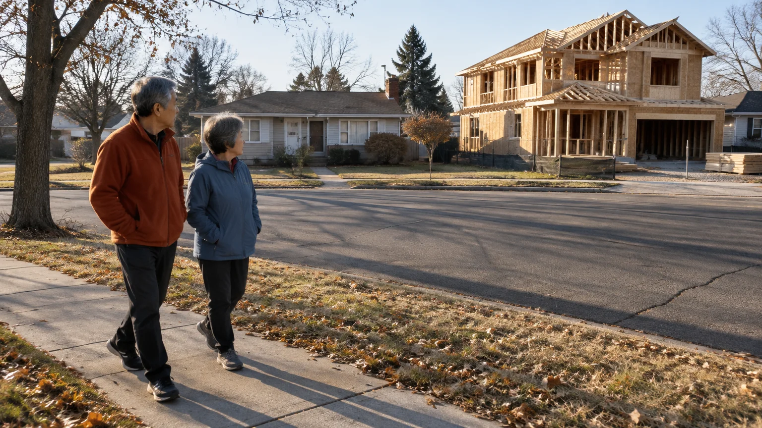 Older couple walking on a residential sidewalk past a single-story house and a large two-story house under construction.