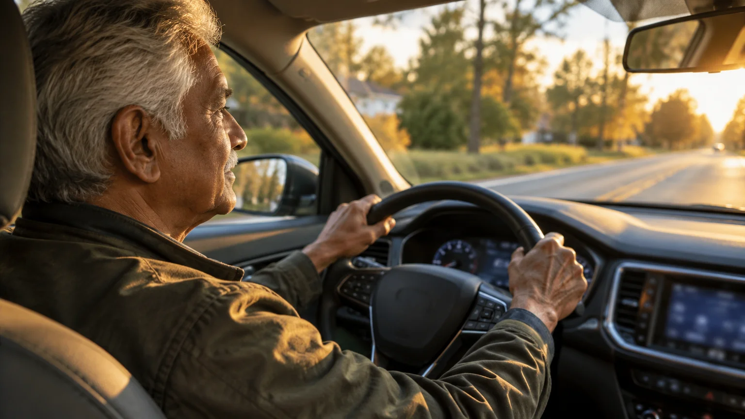Senior man with gray hair driving a car down a sunlit suburban road during golden hour.