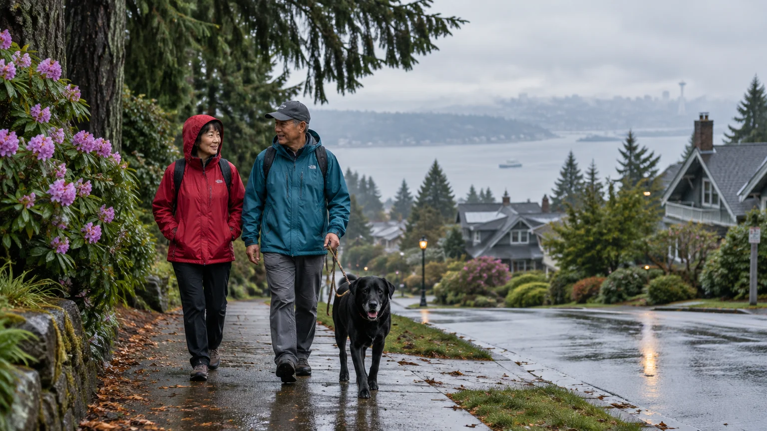 Older couple in raincoats walking a black dog down a wet residential street overlooking water and a city skyline.