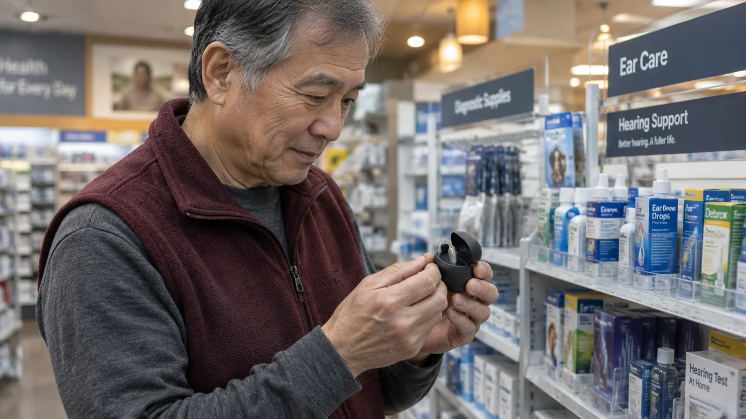 Older man in a pharmacy aisle examining an open case containing a hearing aid near an ear care display.