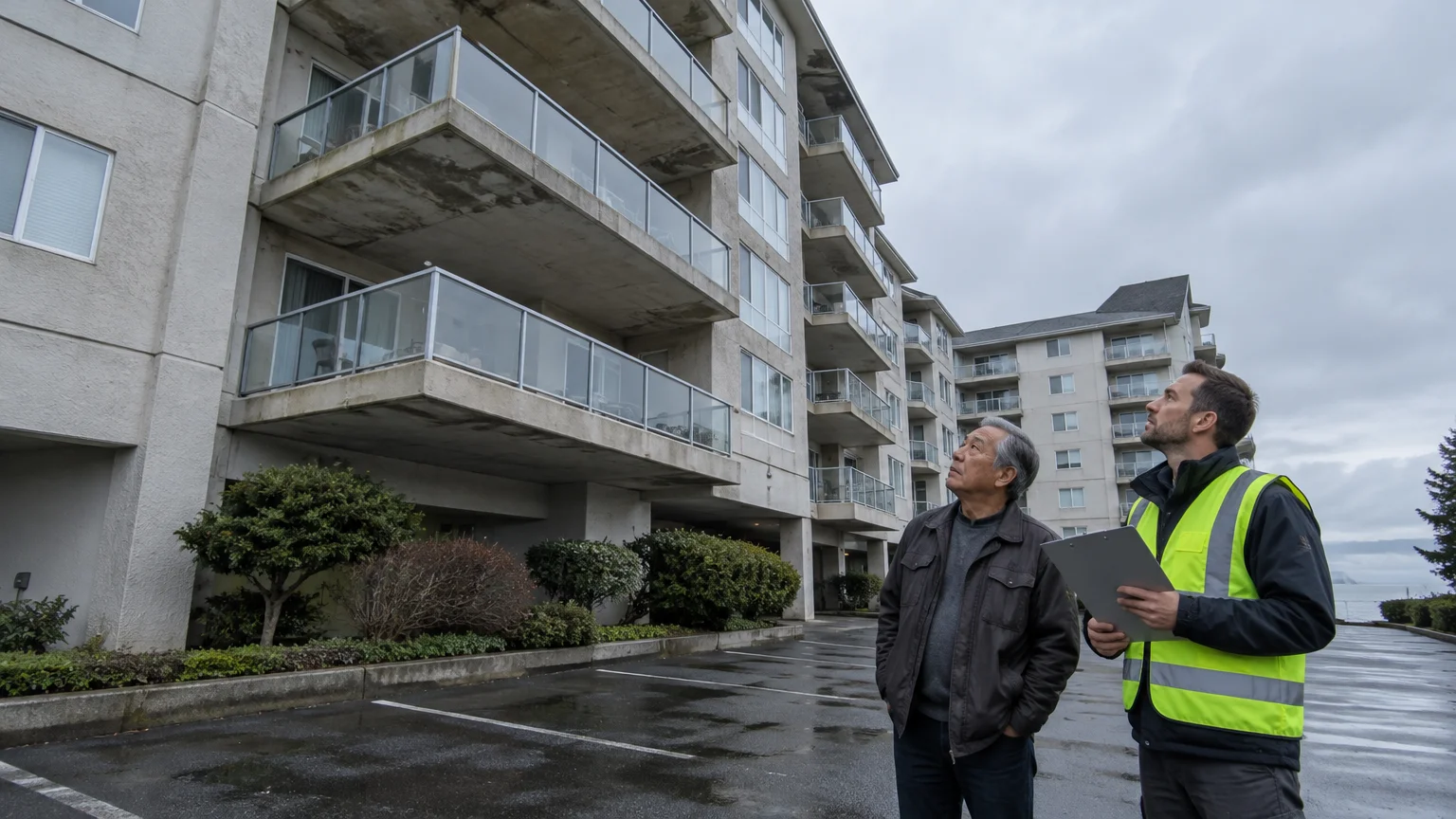 A man and an inspector in a neon safety vest look up at concrete balconies on a multistory condominium building.