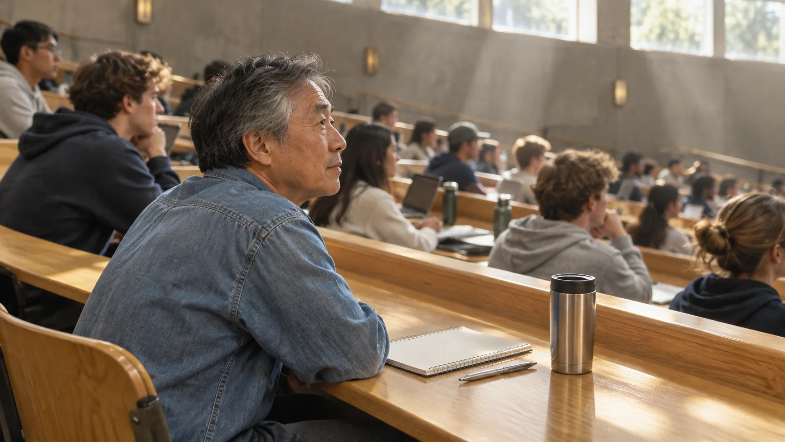 Older man in a denim shirt sits at a tiered lecture hall desk with a notebook, pen, and travel mug among students.