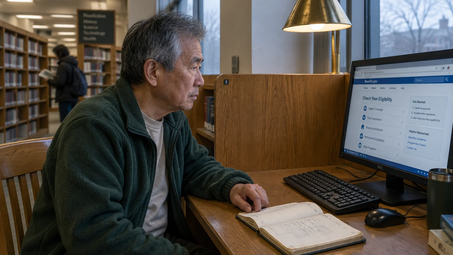 An older man sits at a library computer desk looking at an eligibility website next to an open notebook.