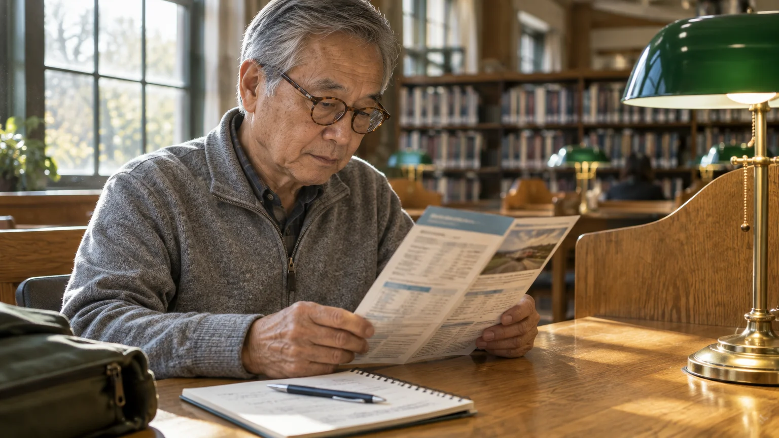 Senior man wearing glasses reads a travel pamphlet at a wooden library table with a notebook and green banker's lamp.