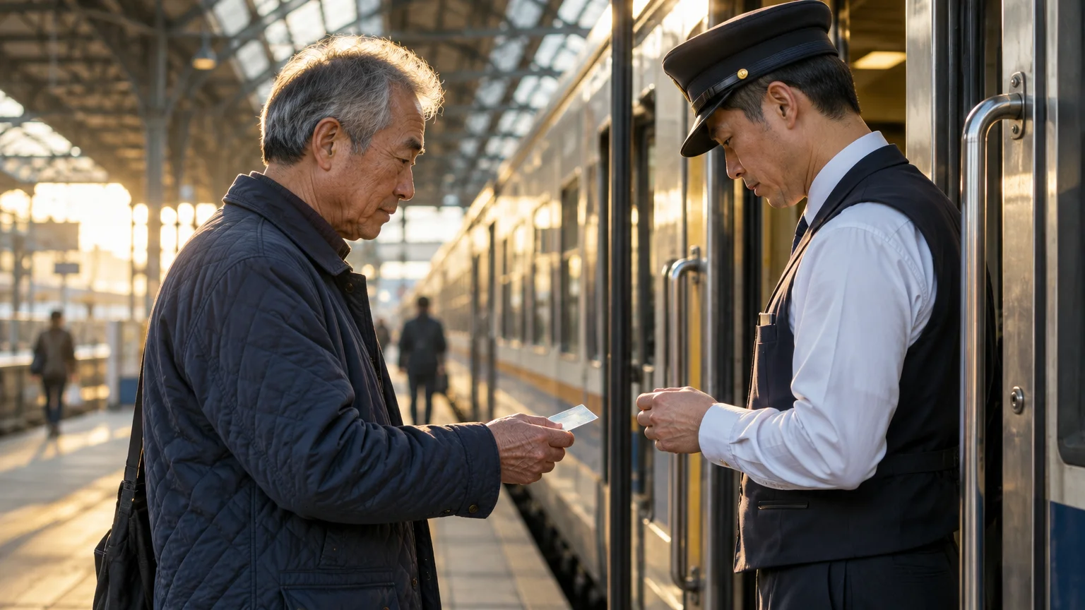 An older man shows a ticket to a train conductor in uniform outside a passenger train at a sunny station platform.