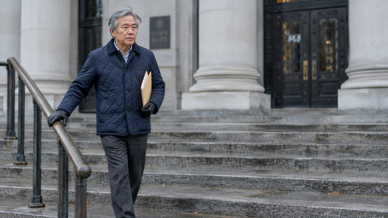 A mature Asian man holding a folder walks down the stone steps outside a building with neoclassical columns.