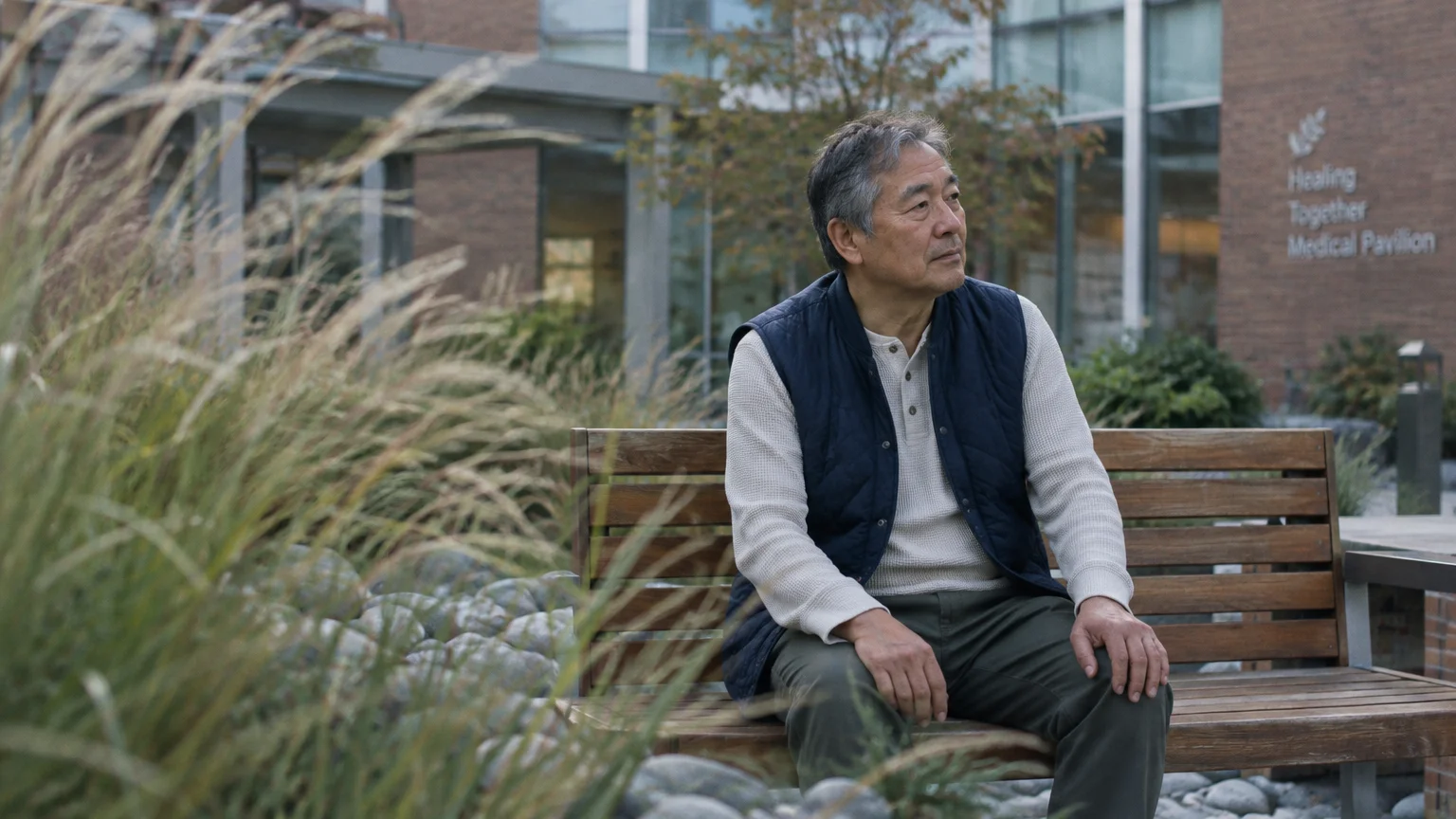 Older Asian man sitting on a wooden bench outside a medical pavilion building with tall grass in the foreground.