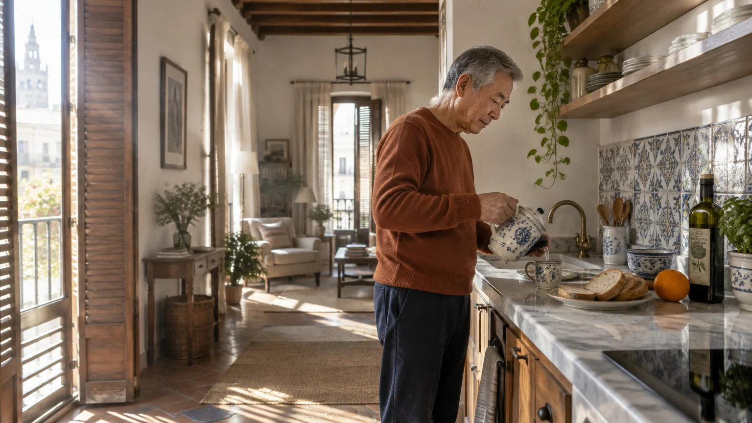 A senior man in an orange sweater pours coffee from a ceramic pot in a bright, rustic European apartment kitchen.
