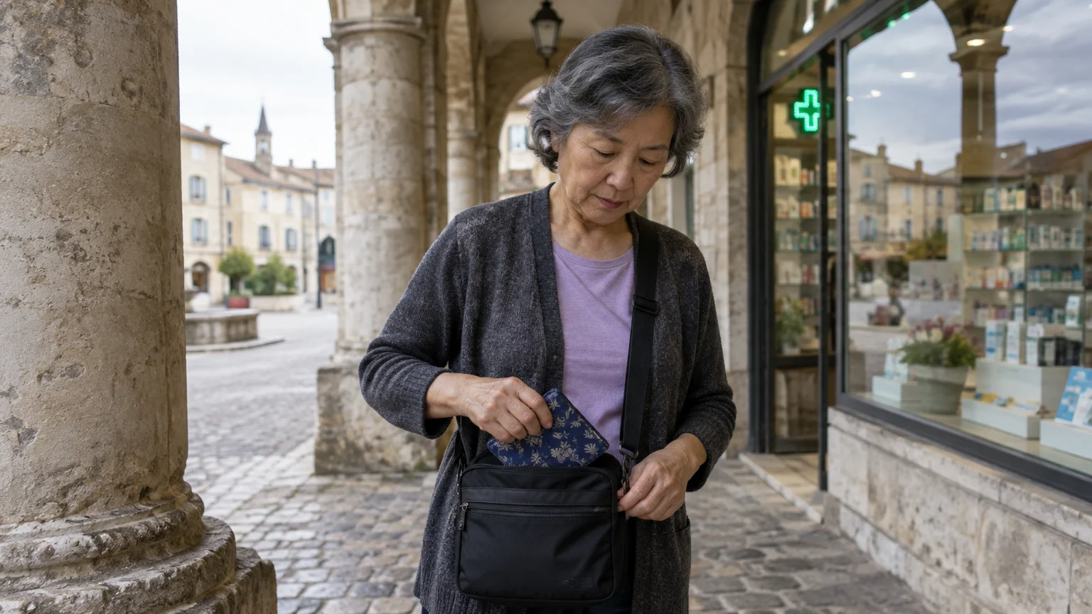 An older woman with gray hair puts a small patterned pouch into her crossbody bag outside a pharmacy.