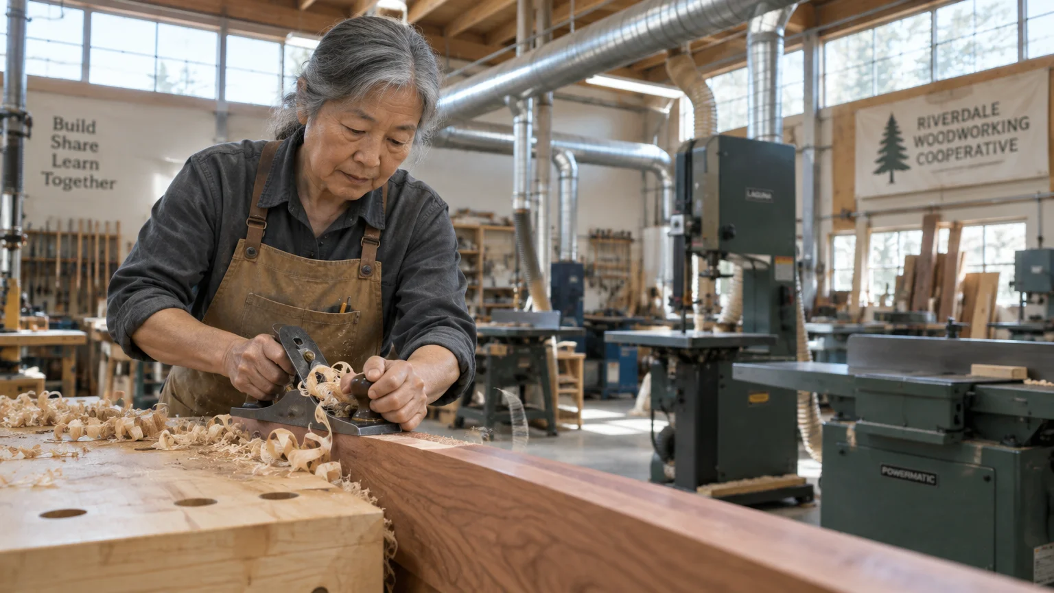 A woman planes a wood board at a workbench inside a woodworking shop equipped with machinery and dust collection pipes.