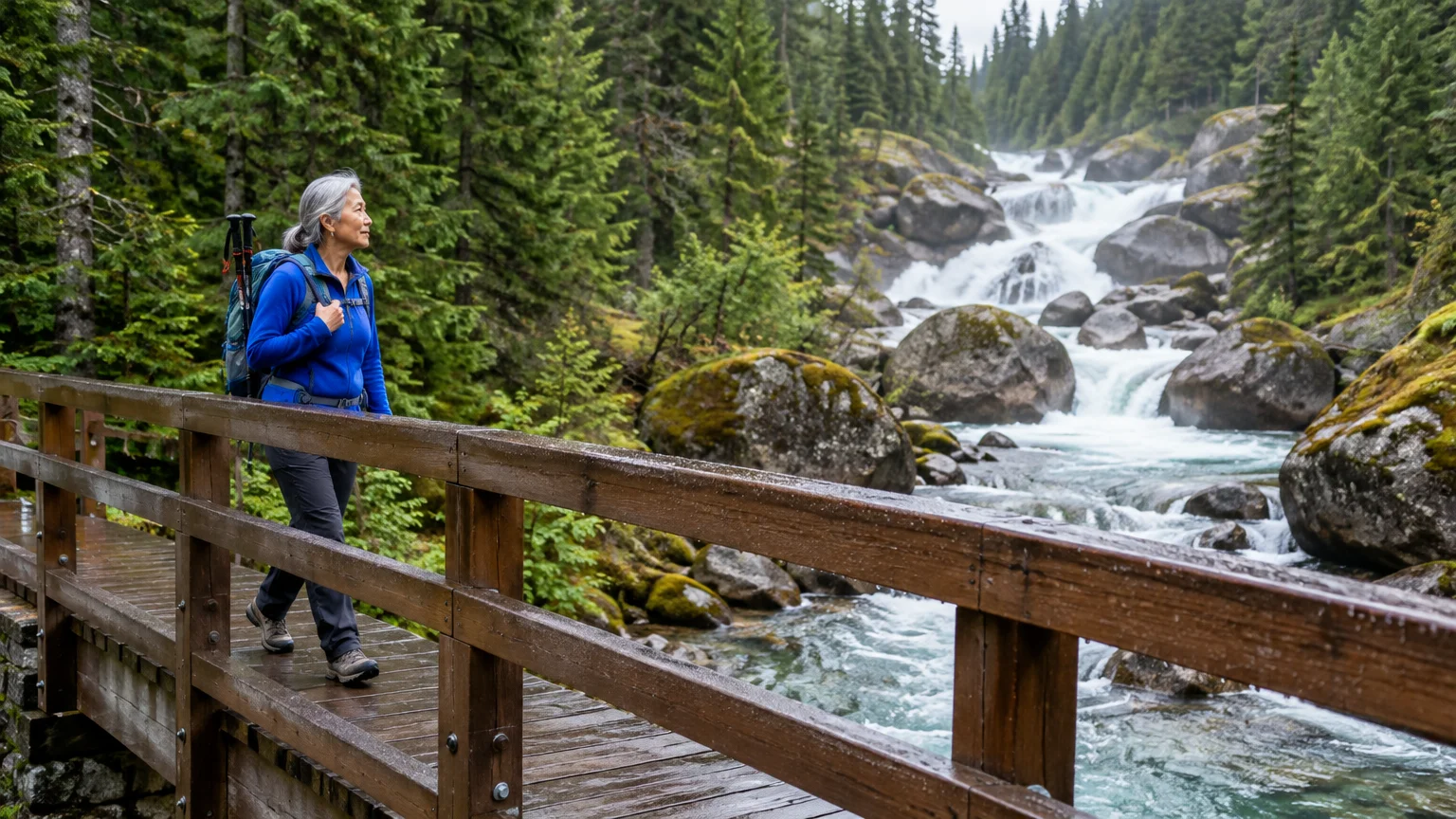 A senior woman with a backpack crosses a wooden bridge near a cascading waterfall surrounded by pine trees.