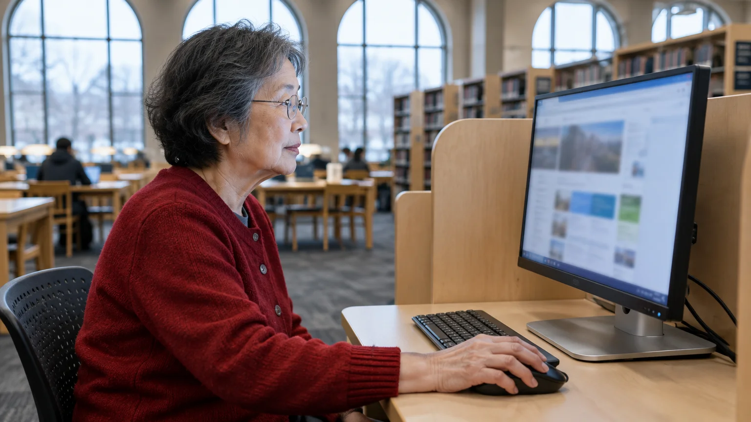 Senior woman wearing glasses and a red cardigan sitting at a computer desk inside a library.