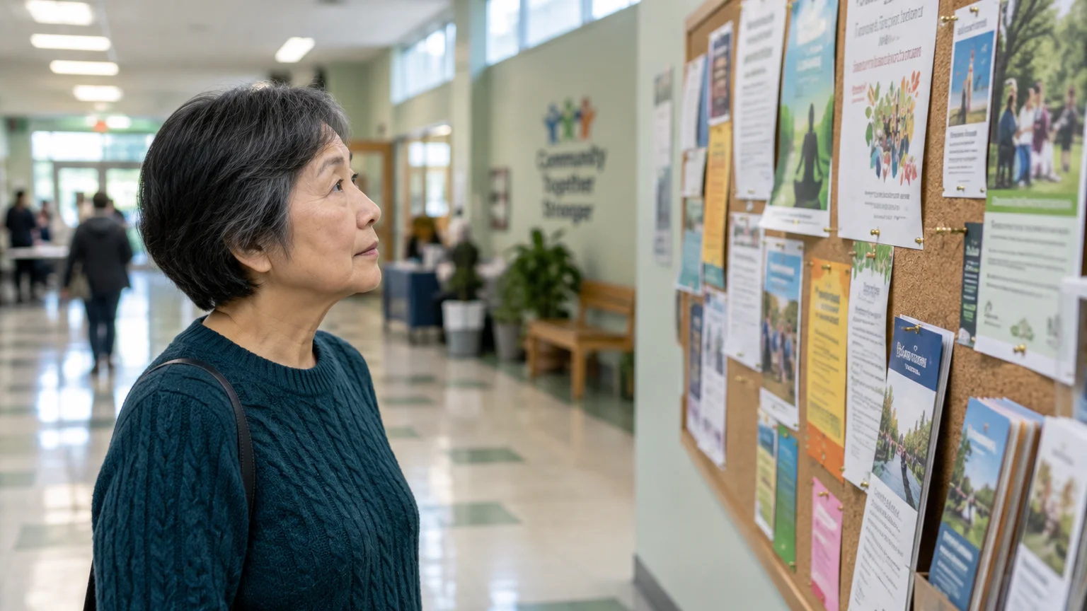 An older Asian woman in a teal sweater looks at flyers pinned to a cork bulletin board in a well-lit hallway.