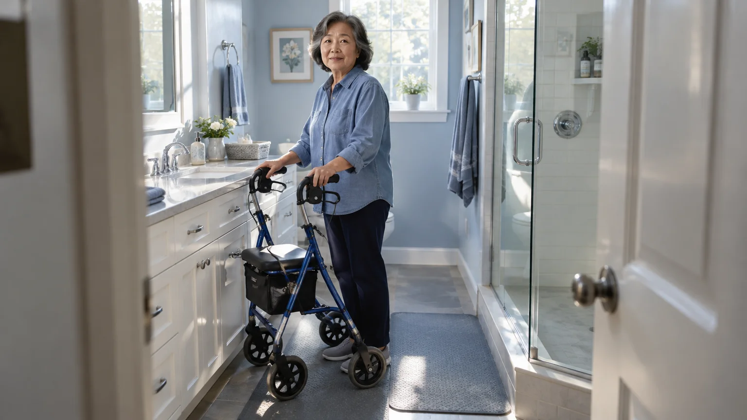 Senior woman standing with a blue four-wheel rollator in a bright bathroom with floor rugs and a vanity.