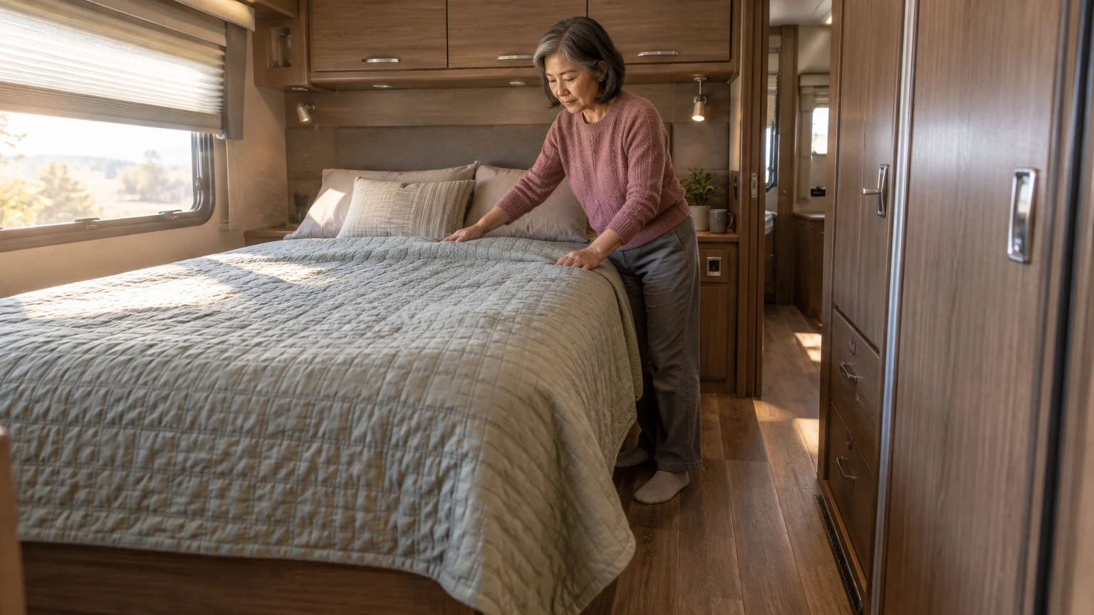 A mature woman in a pink sweater smooths a bedspread in an RV bedroom featuring wooden cabinets and a sunlit window.