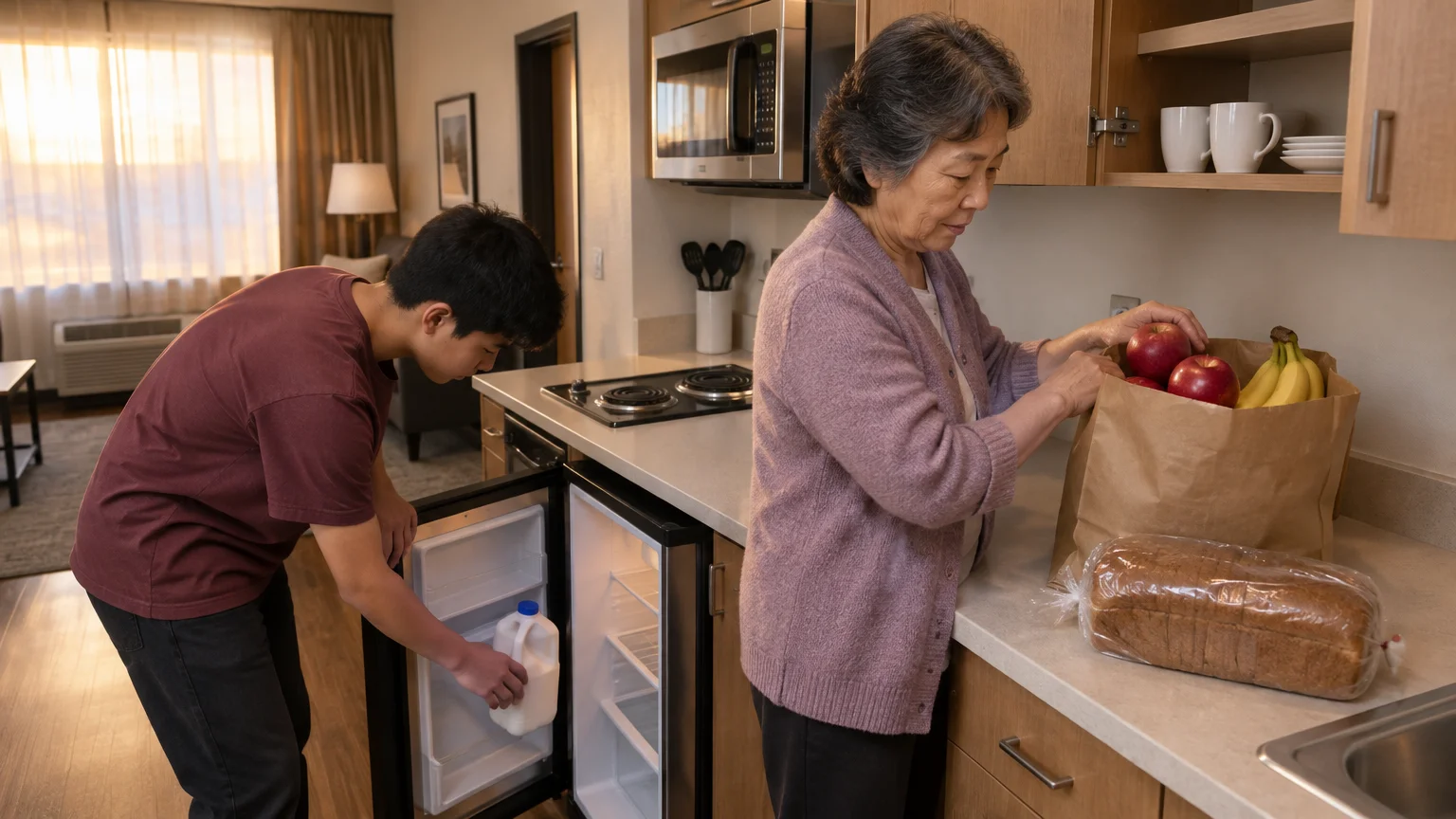 An older woman and a young man unpack groceries into a mini fridge and cabinets in an extended-stay kitchenette.