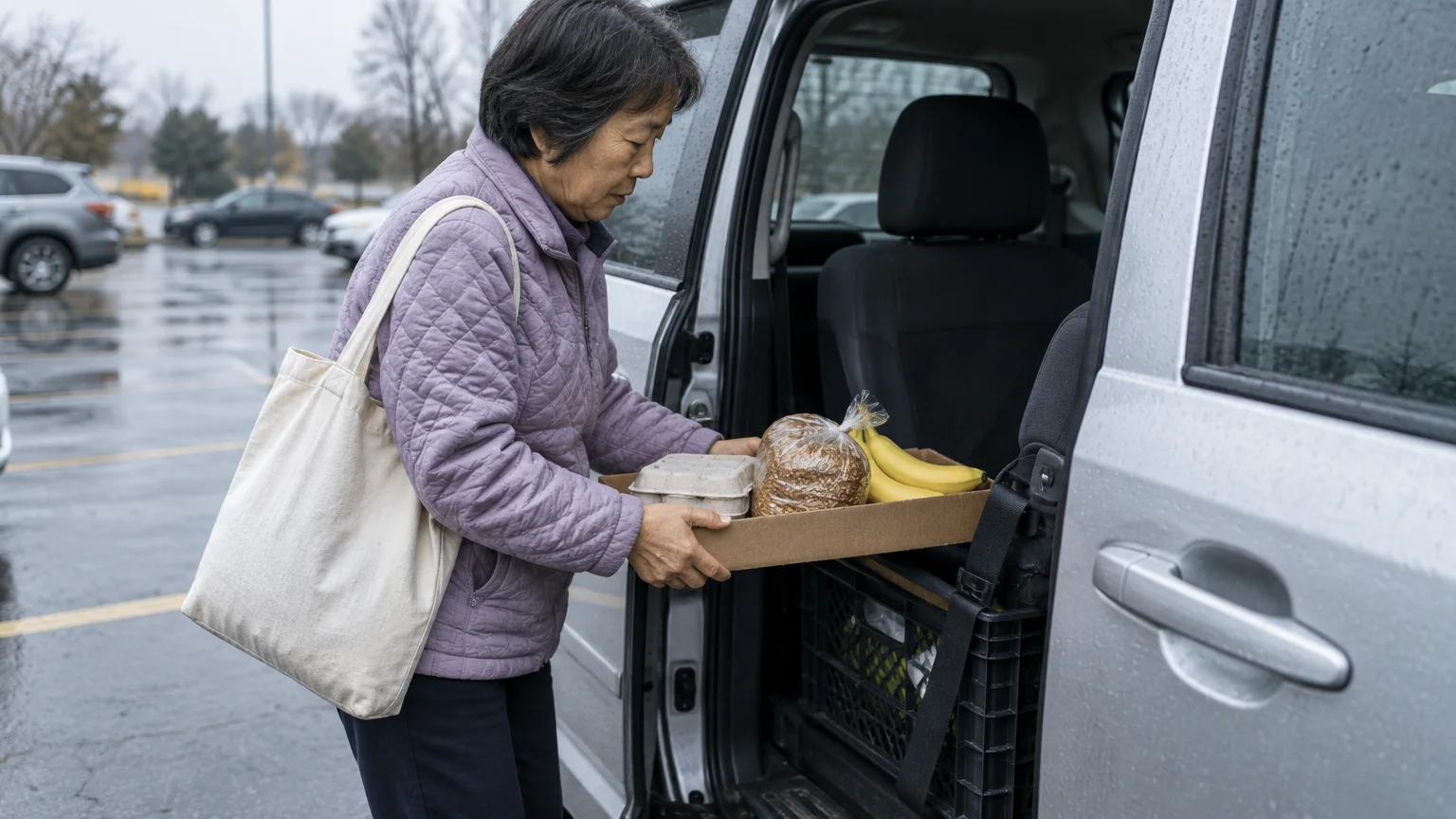 An older woman loads a cardboard tray of groceries into the side door of a silver minivan in a wet parking lot.