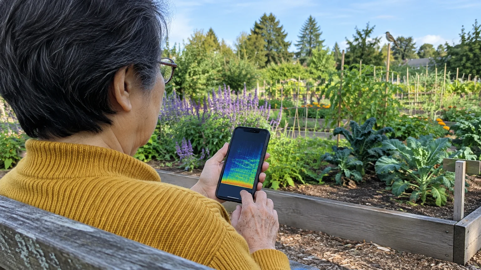 A woman sitting on a bench holds a smartphone displaying a sound spectrogram near a community garden.