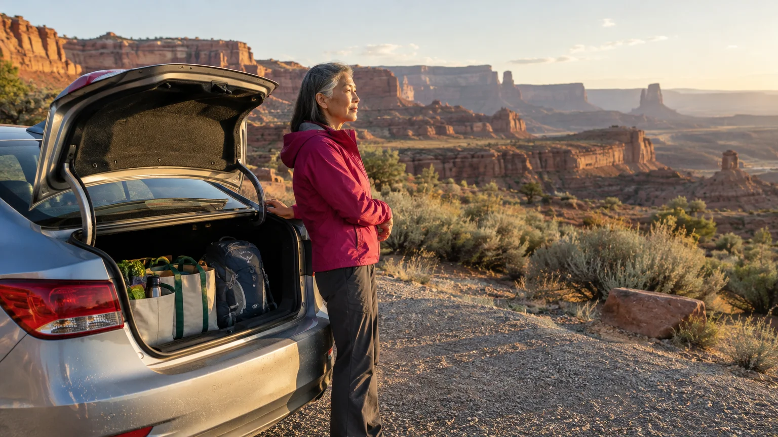 A woman stands beside an open car trunk packed with bags overlooking a canyon desert landscape at sunset.