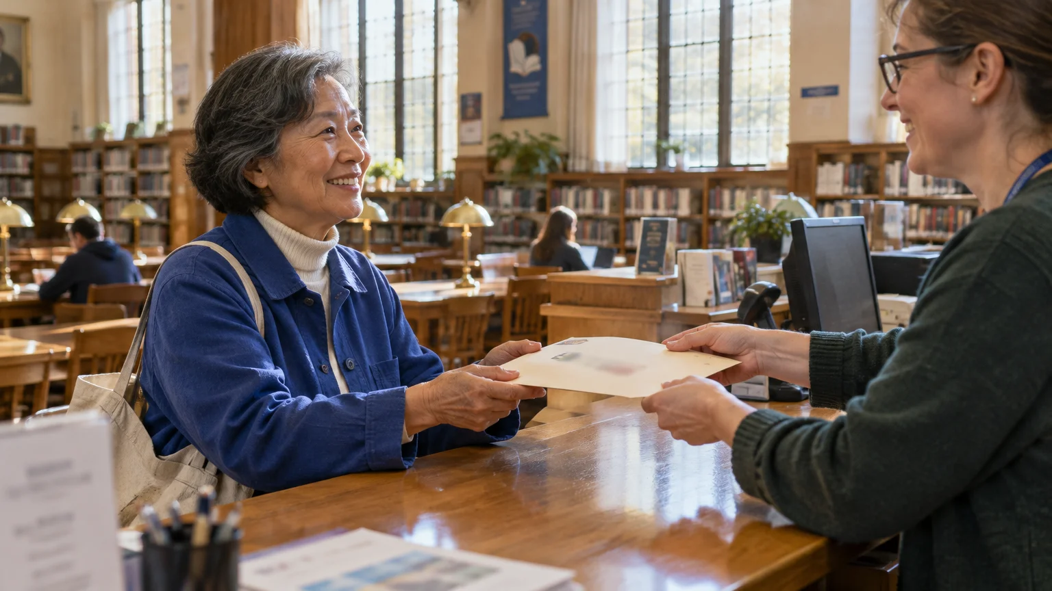A smiling senior woman receives a paper from a librarian across a wooden counter in a spacious library reading room.