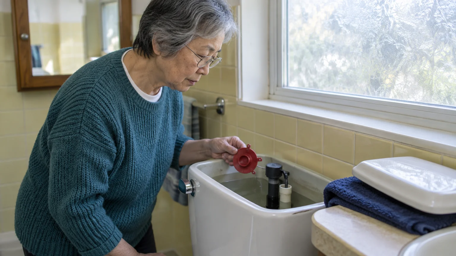 Senior woman with glasses looks inside an open toilet tank while holding a red flapper valve in a bathroom.