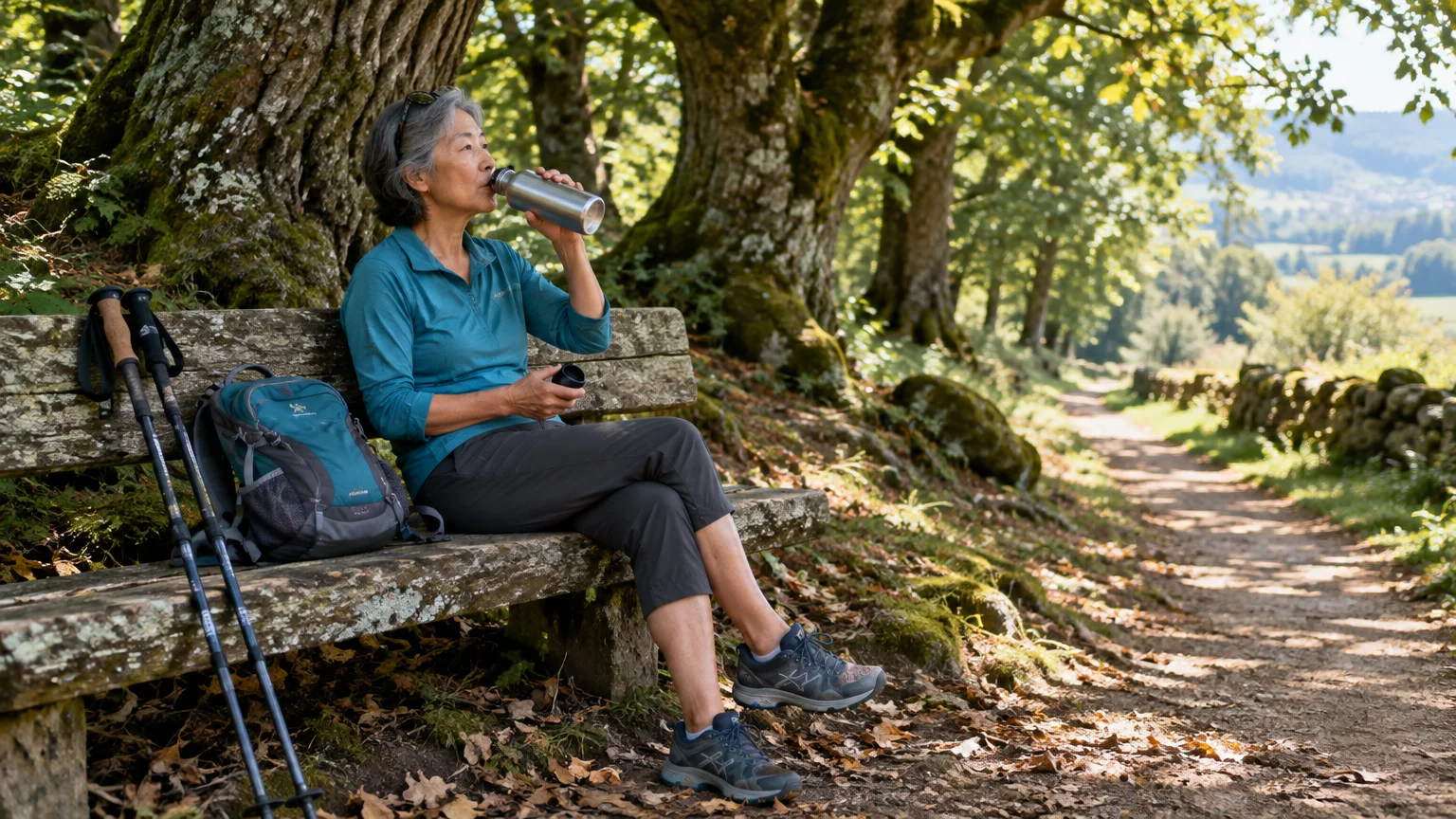 A mature hiker drinks water from a bottle while resting on a wooden bench beside a wooded trail.