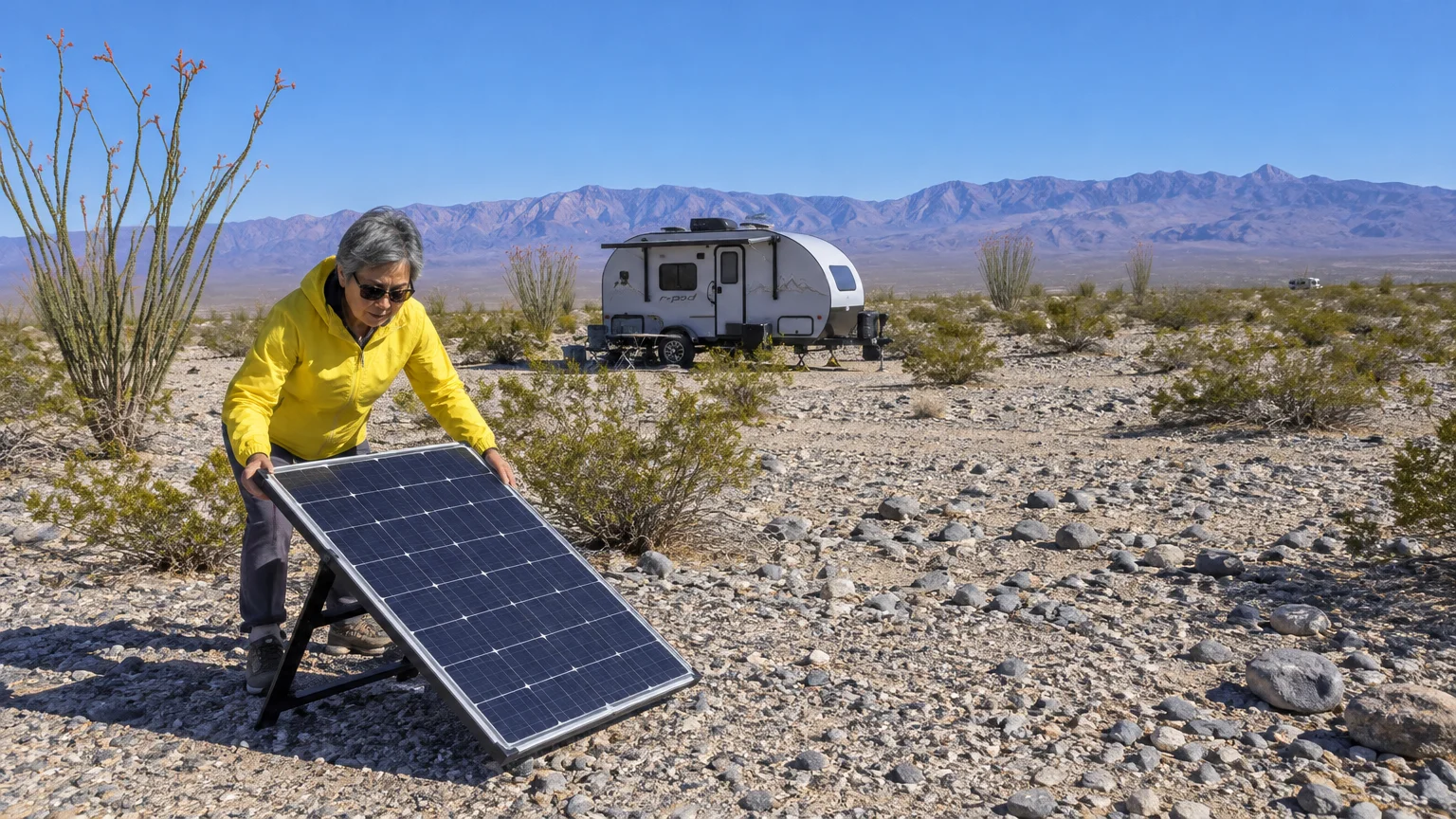A woman adjusts a portable solar panel beside a small travel trailer parked in a rocky desert landscape.