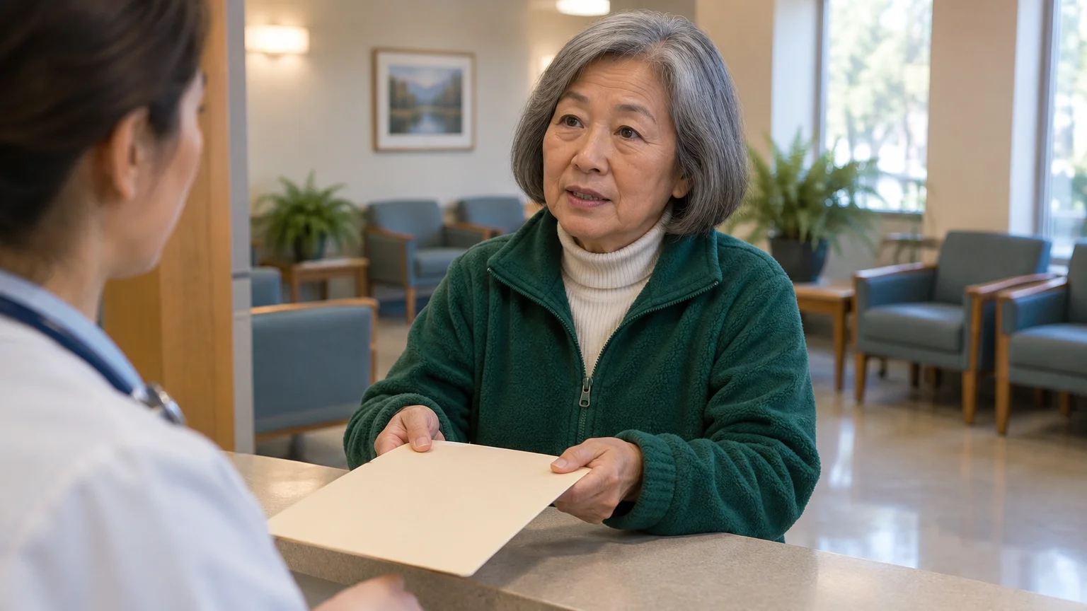 An older woman in a green fleece jacket hands a folder across a clinic reception desk to a healthcare worker.
