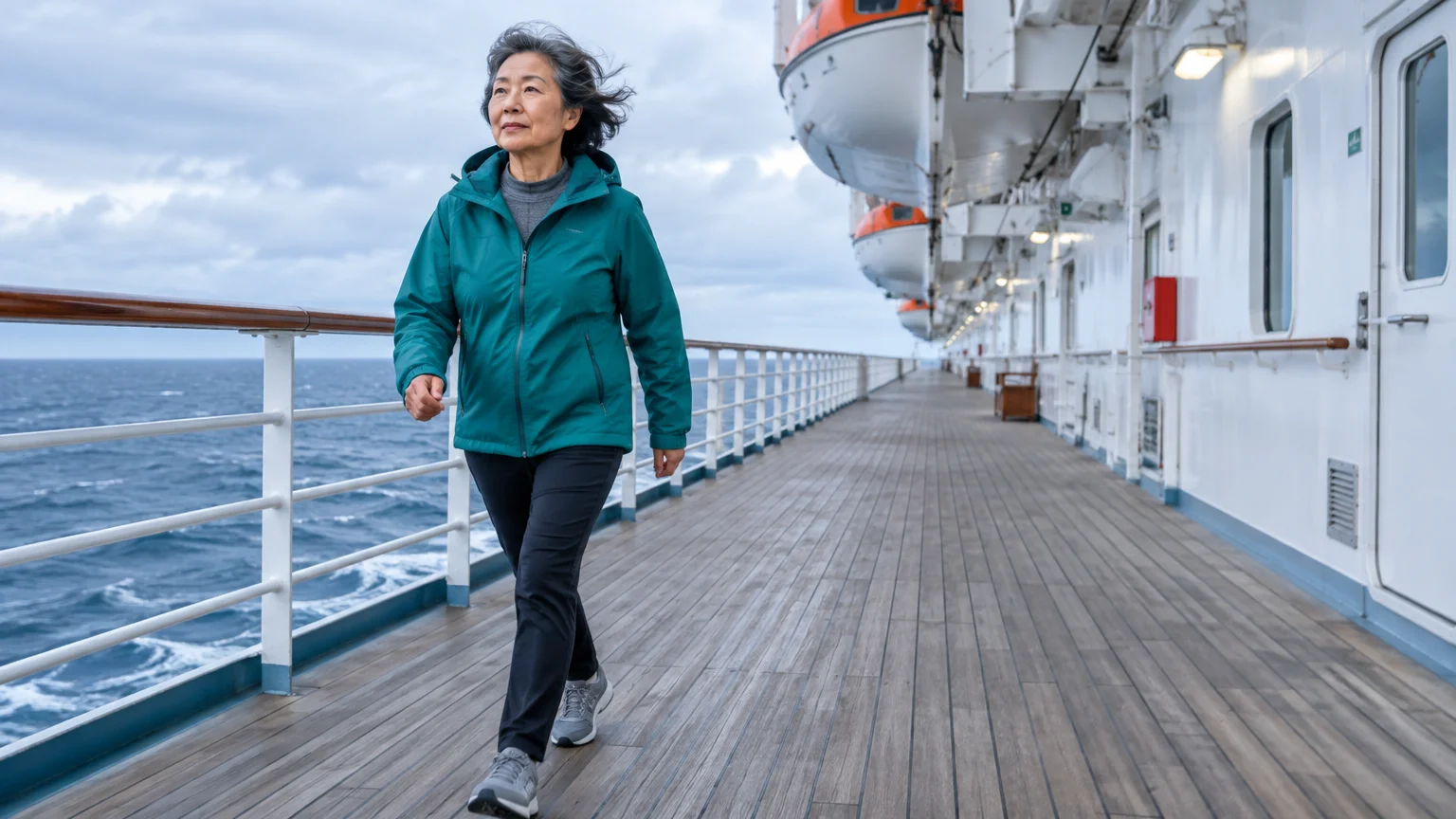 An older woman in a teal jacket walks along the wooden deck of a cruise ship beside lifeboats and the open sea.