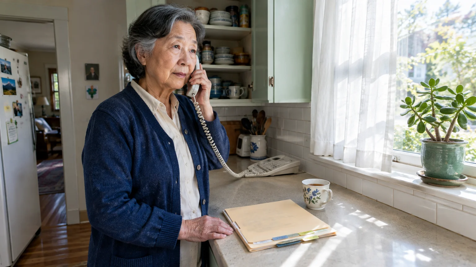 Senior woman in a kitchen talking on a corded landline phone beside a document folder on the counter.