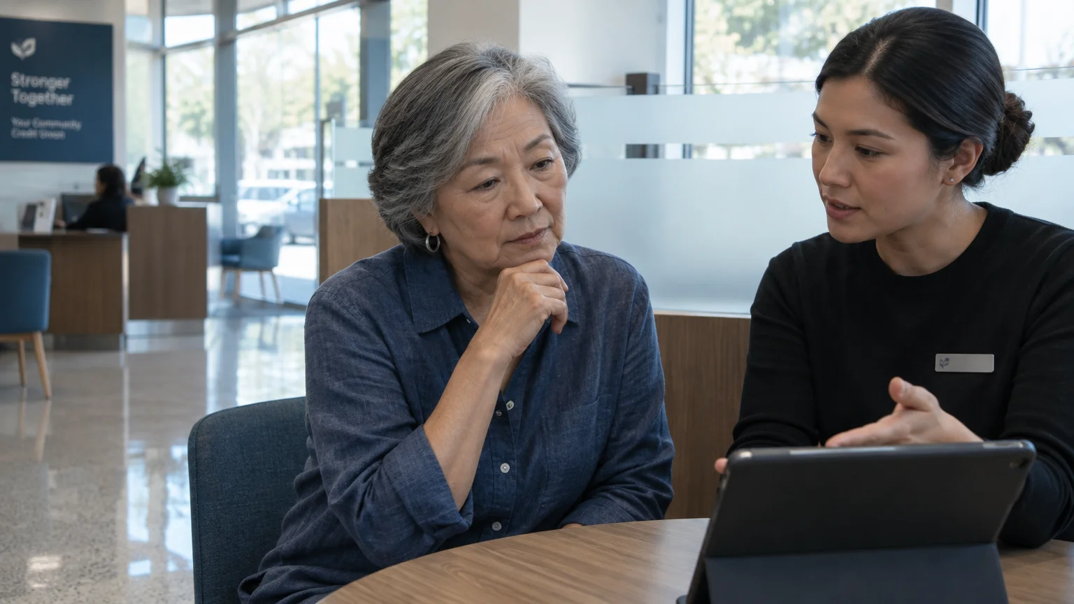 A woman listens to an advisor pointing at a tablet computer on a desk inside a credit union office.